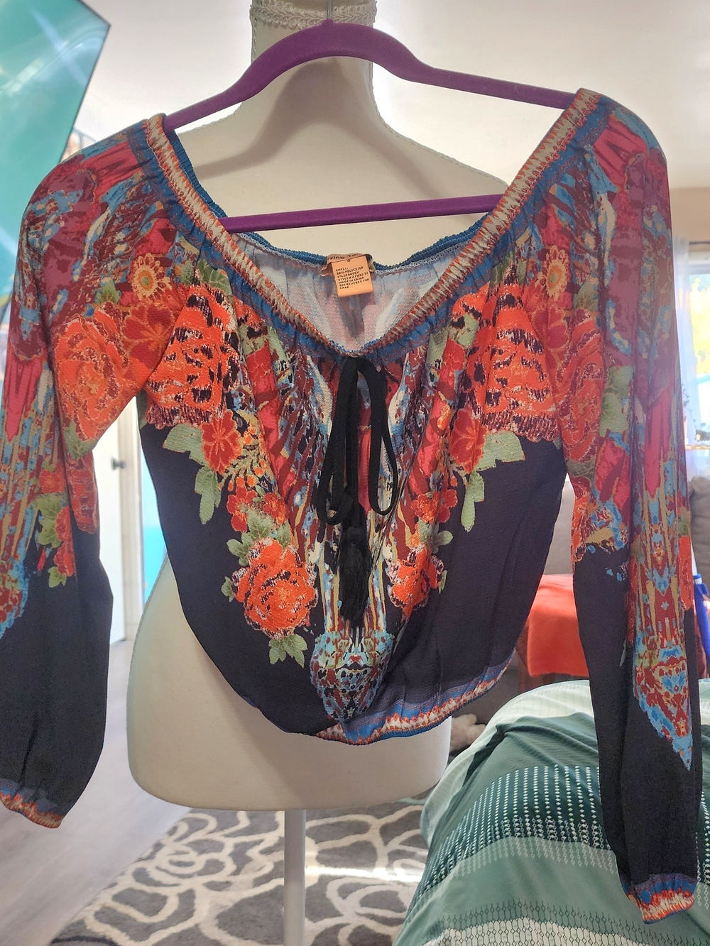 Flying Tomato Black Boho Off-Shoulder Top with Orange Floral Sz SM